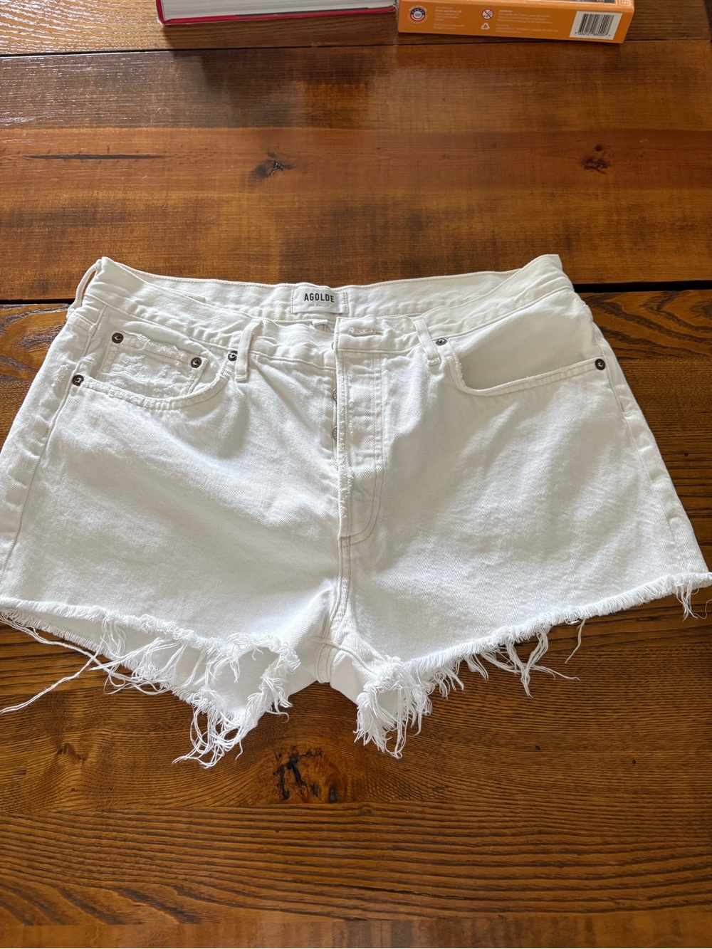 Agolde White Frayed Hem High-Rise Denim Shorts